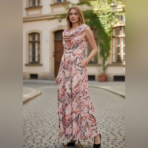 Mr Max Pink Black & White Print Maxi Dress With Matching Wrap Scarf In Large